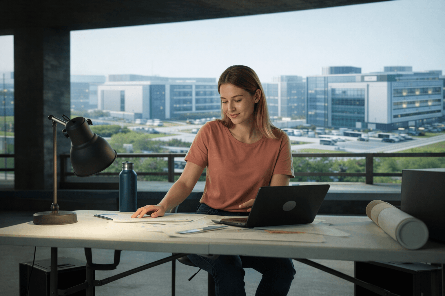 Woman at desk with buildings
